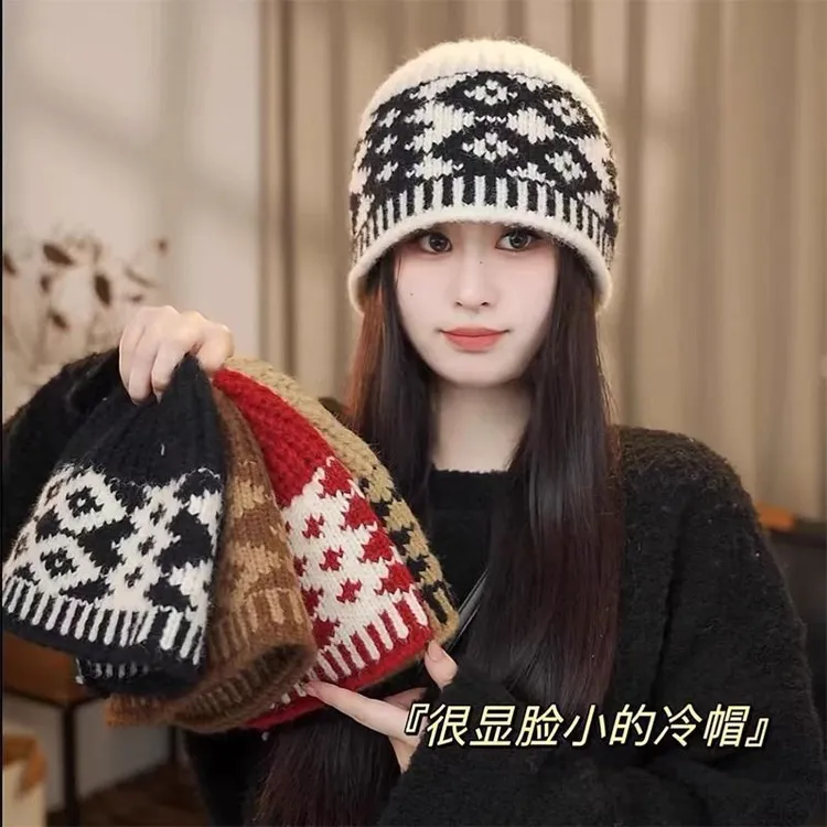 菱形护耳水桶帽防寒针织毛线帽小众套头帽渔夫帽复古提花设计款LU