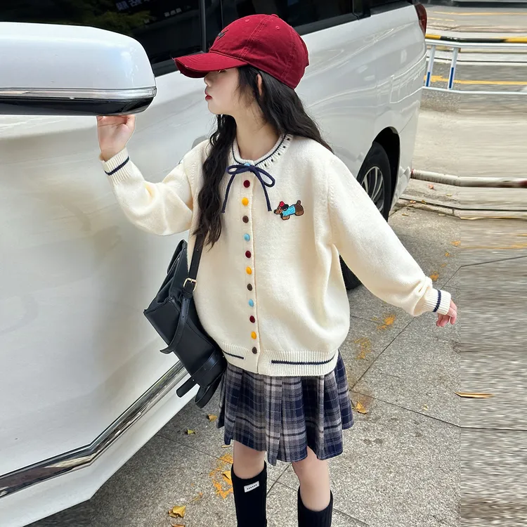 女童针织开衫学院风套装秋冬季女中大童长袖毛衣百褶裙两件套童装