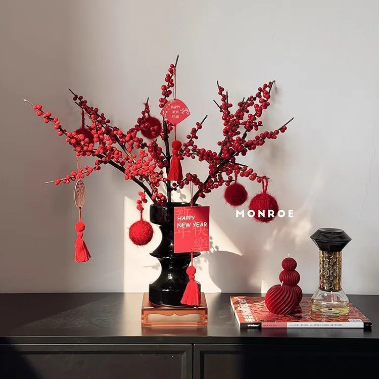 冬青红果发财仿真花摆件摆设新年插花装饰装饰品乔迁客厅花瓶假花