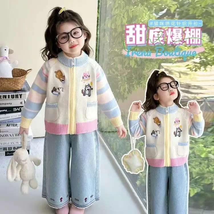 2025新款日韩常规休闲毛衣秋季绣花半高领猫咪卡通开衫