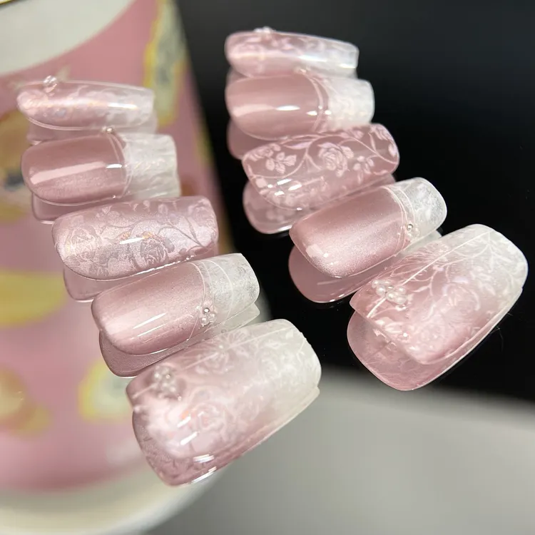 显白高级法式渐变冰蓝猫眼蝴蝶结手工穿戴甲可拆卸美甲贴片