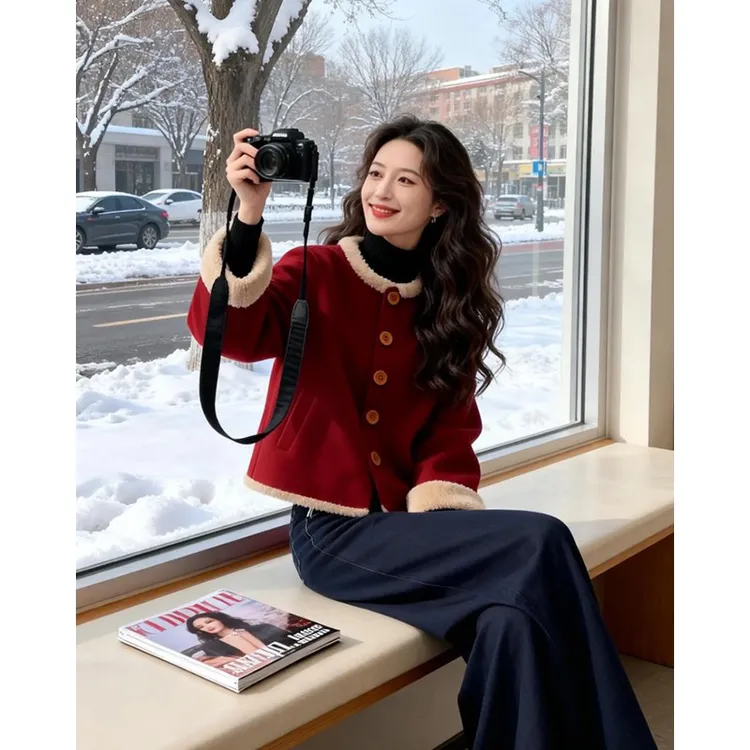 新中式国风呢子棉服外套女士冬季2025新款气质高级感复古红色上衣