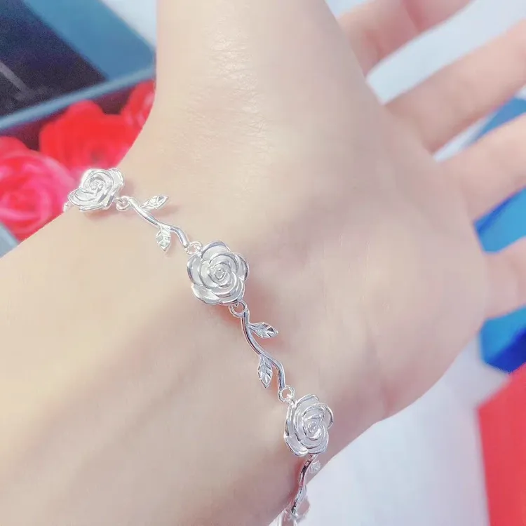 足银银制品 足银990立体玫瑰花手链优雅甜美-SL260