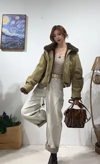163区508咖色獭兔毛内胆短款派克羊卷毛领