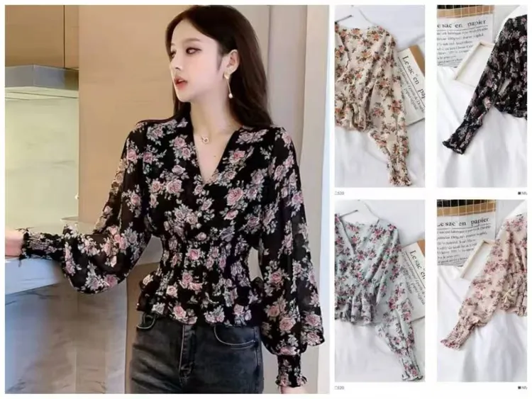 2025新款复古碎花衬衫女长袖宽松洋气小衫v领显瘦上衣潮