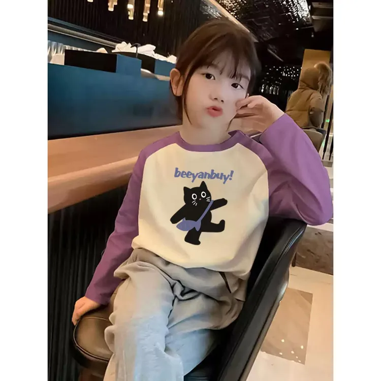 FAVMARTHA女童2025冬季新款中大儿童撞色长袖T恤棉质亲肤圆领宽松