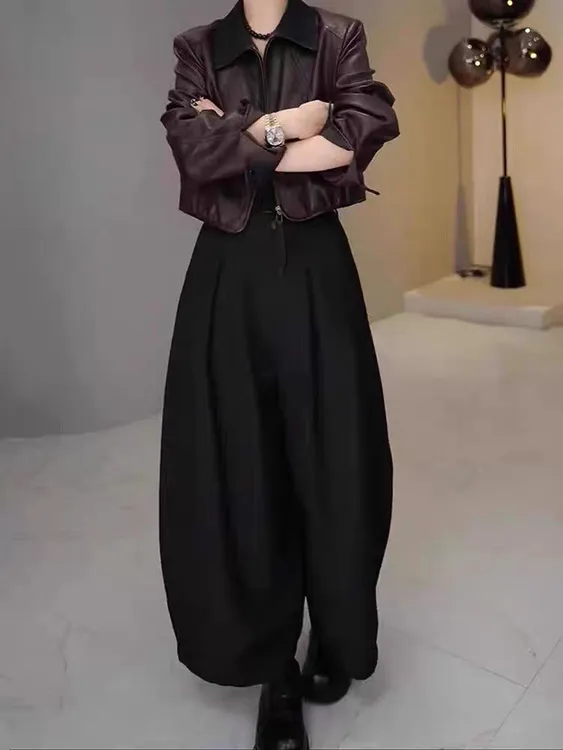 黑色压褶阔腿花苞裤女秋冬流行新款宽松显瘦休闲裤减龄通勤休闲裤