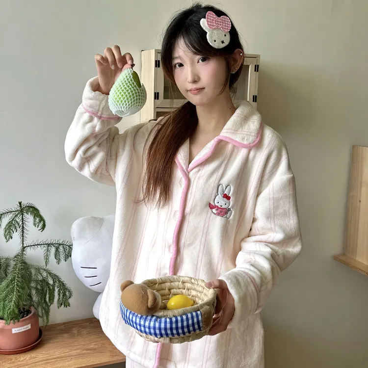 侘町·秸日记浅粉米菲兔加厚法兰绒睡衣可爱卡通秋冬保暖家居服