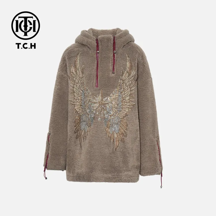 TCH【保暖绒面】冬款慵懒风时尚烫钻淑女咖色长袖帽衫T75D12E1002