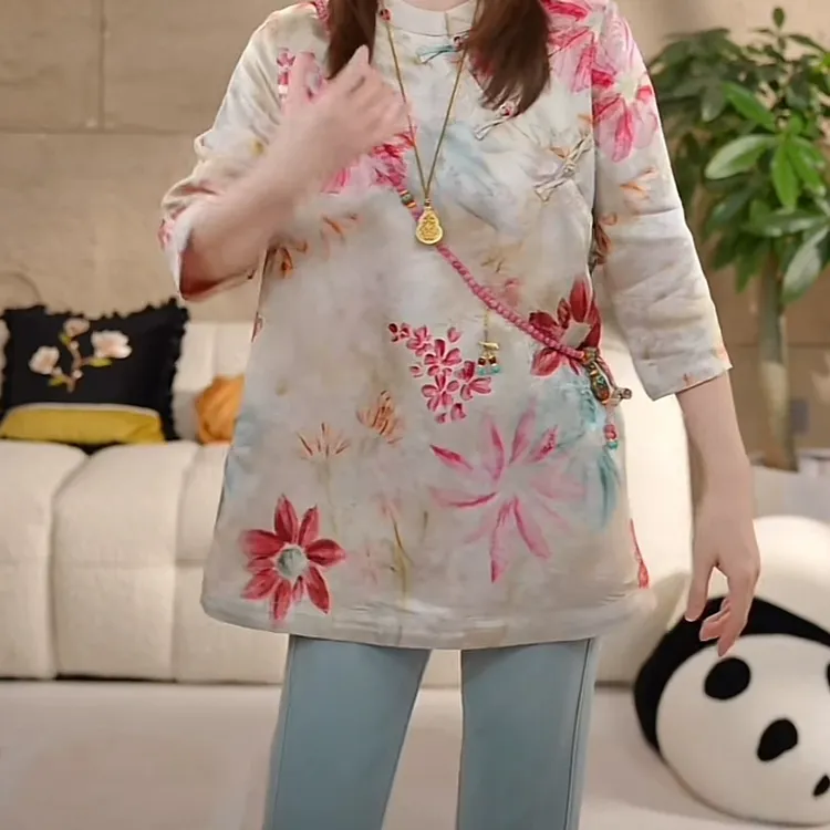 新中式国风改良盘扣五分袖旗袍衬衫女夏装新款慵懒风宽松印花衬衣