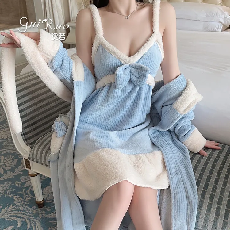 秋冬季加厚法兰绒睡衣糖果色睡裙加绒可爱甜美公主风保暖睡袍套装