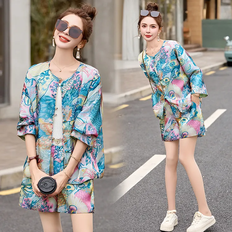 新中式国风复古印花套装女2025夏季新款高级感宽松气质短裤两件套