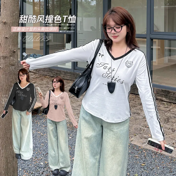 大码女装领韩版撞色印花长袖T恤2025秋收腰显瘦上衣