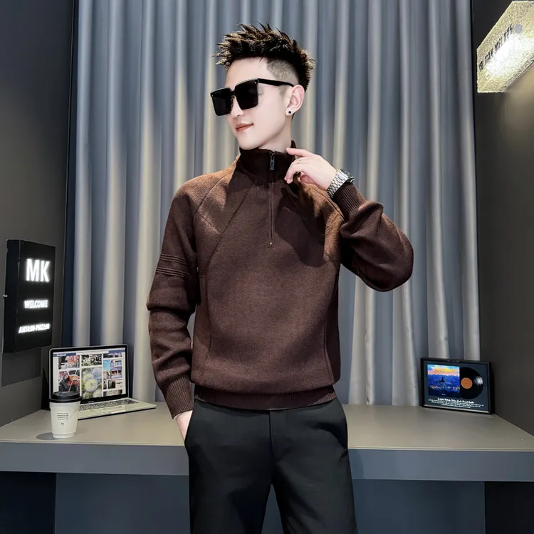 痞帅拉链半高领针织毛衣男款秋冬卫衣修身打底衫高级百搭感针织衫
