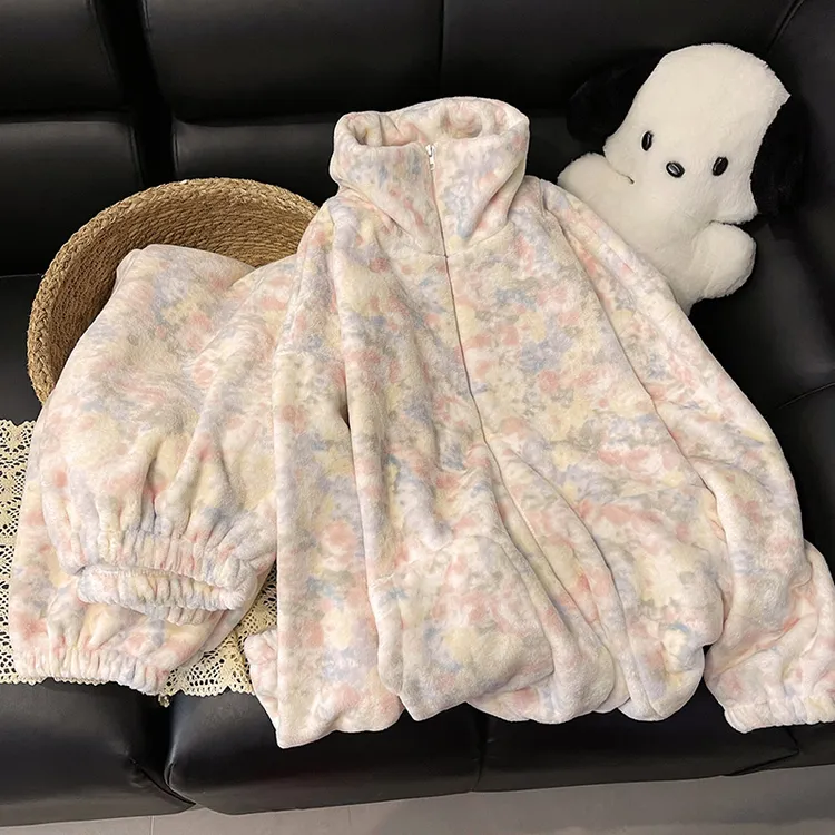 珊瑚绒睡衣女秋冬季甜美ins风爆款拉链家居服可外穿