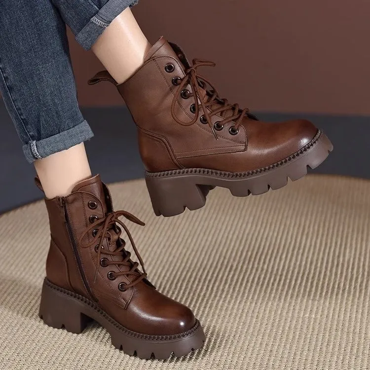 奥莱【品牌断码】真皮轻便马丁靴女2025秋冬季新款厚底增高加绒短靴