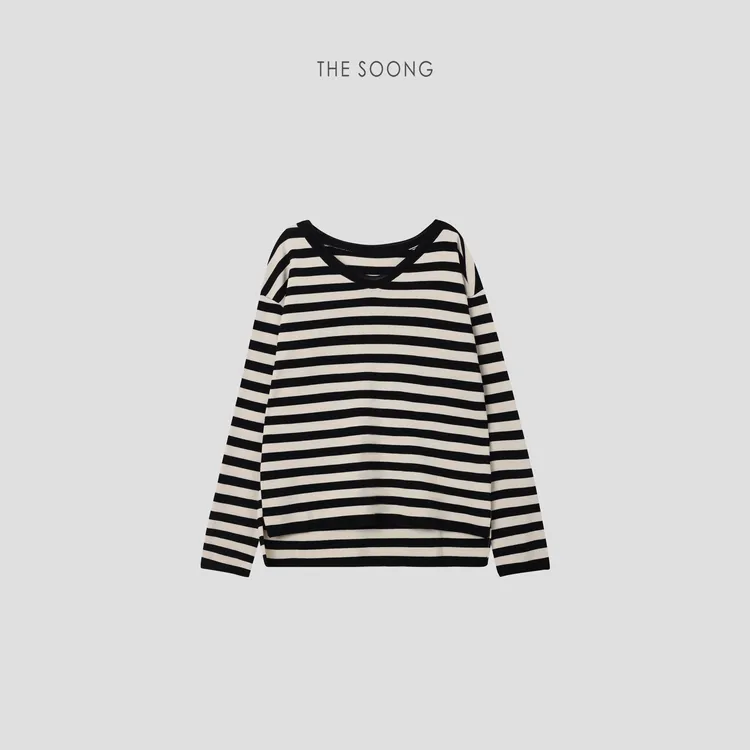 THESOONG|16针精密织造加捻重塑V领条纹长袖上衣女HBMY5434