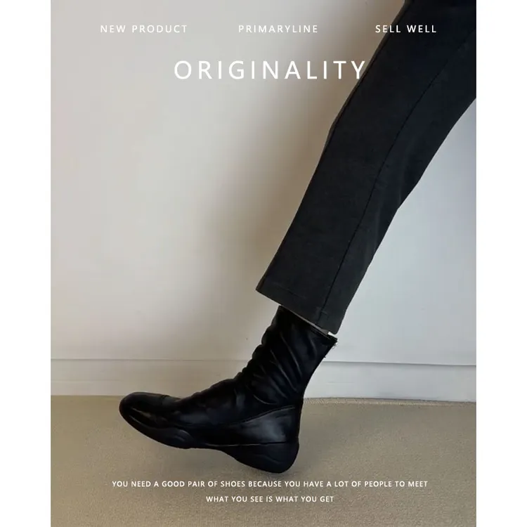 羊皮版~超皮复古圆头弹力瘦瘦靴女堆堆靴英伦风后拉链倒靴马丁靴