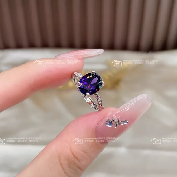 新品戒指【冰花】8x10mm紫色人工宝镶嵌戒托时尚气质百搭k1316