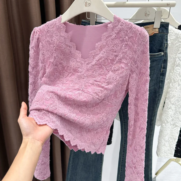 粉色甜美风V领蕾丝上衣女秋冬爆款长袖加绒保暖修身内搭磨毛打底