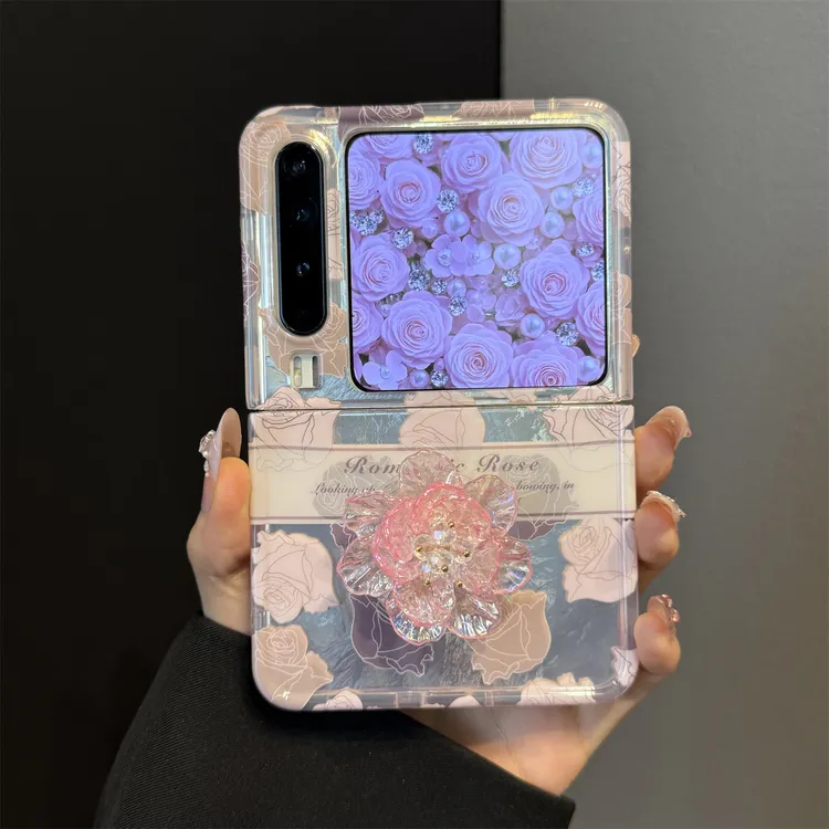 适用华为purax典藏版折叠屏手机壳pocket2高级感锡纸纹玫瑰花支架