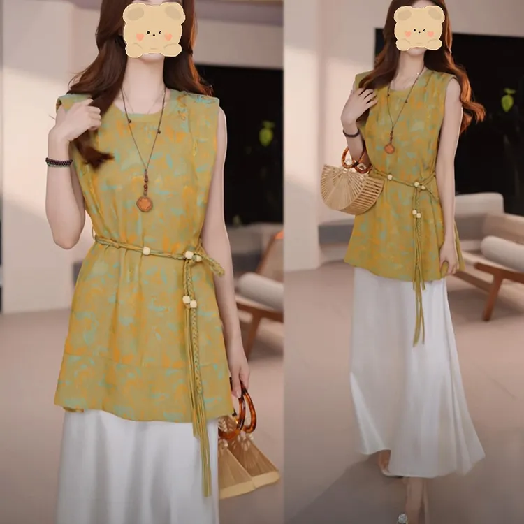 新中式连衣裙套装女2025夏季新款洋气提花马甲背心半身裙三件套S