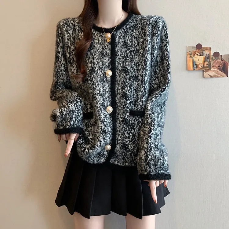 时尚小香风提花水貂绒外套女秋冬大码胖妹妹百搭气质显瘦宽松上衣