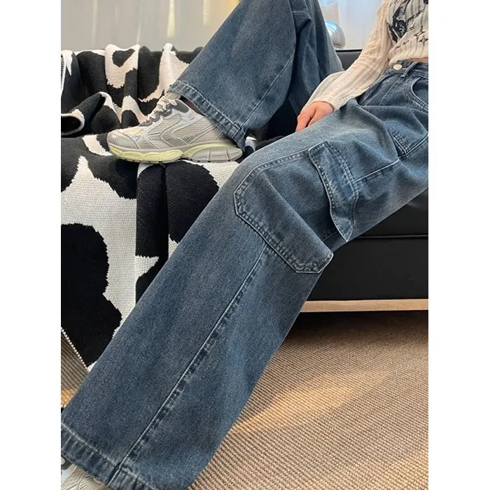 复古宽松直筒女裤2025春季高腰设计显瘦潮流口袋阔腿工装牛仔裤子