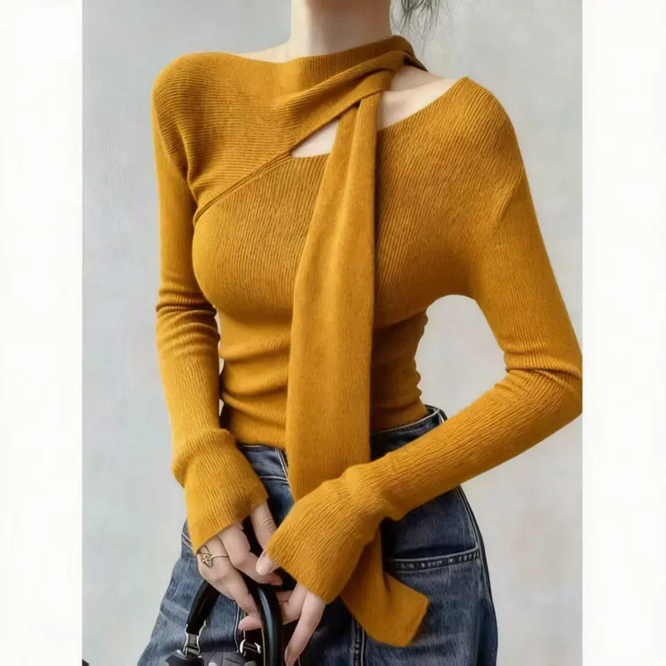 秋季独特超好看单穿上衣法式小众设计感洋气减龄通勤风黄色针织衫
