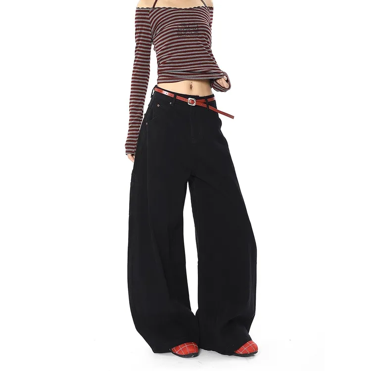 美式复古黑色弯刀牛仔裤女小众设计感休闲宽松直筒阔腿工装裤子潮
