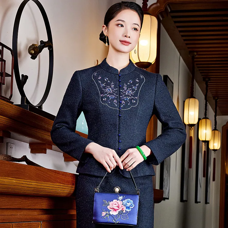 【山浮晚月】羊毛针织刺绣复古中式长袖蓝色短款气质上衣外套W25231