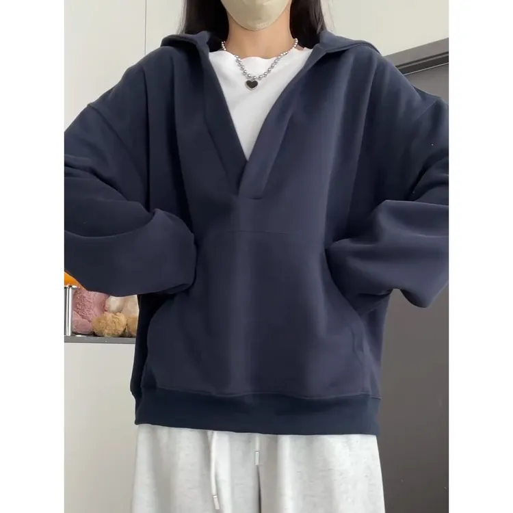 2025新款个性复古流光风连帽卫衣女春秋季加绒保暖假两件通勤上衣