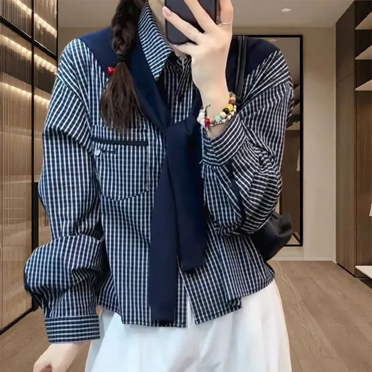 时尚别致超好看上衣女2025春秋季新款小众设计感披肩长袖格子衬衫