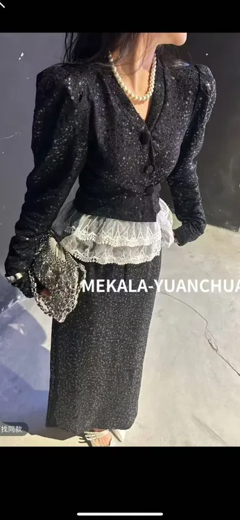 潼潼家【银河璀璨】大码微胖时尚显瘦亮片拼接蕾丝气质套装小香风