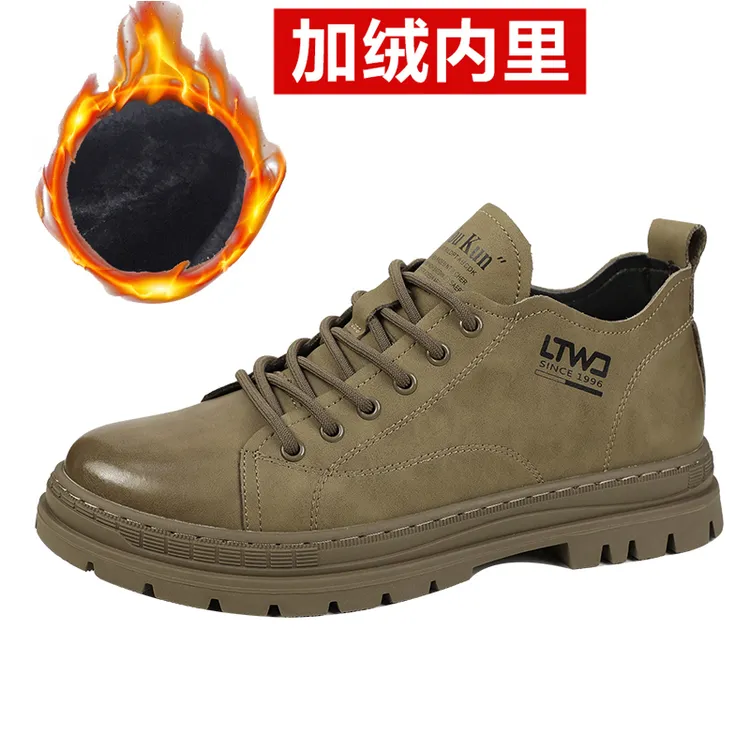 2025秋冬季新款男士休闲皮鞋加绒男鞋防滑防水英伦风棉鞋男工装鞋