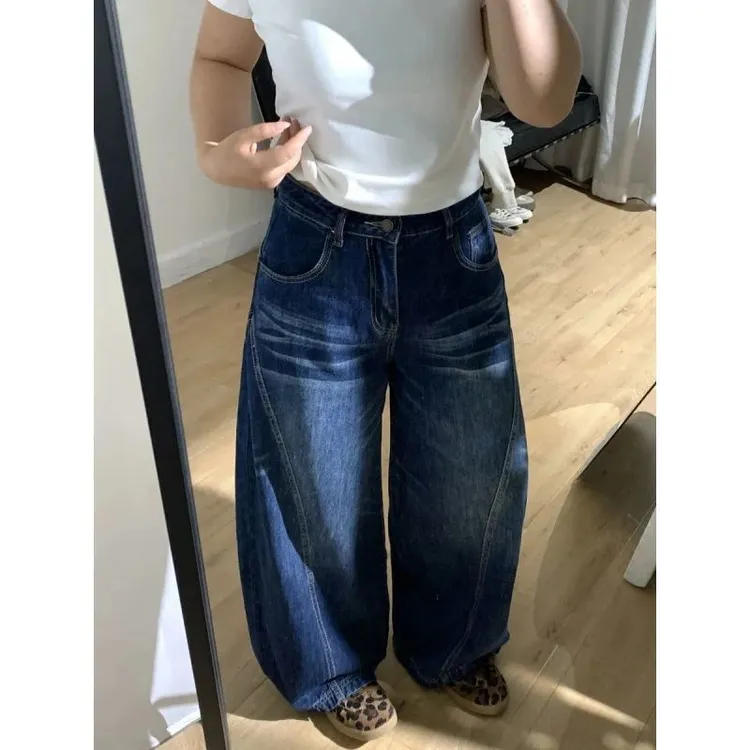 多巴胺做旧弯刀小众阔腿牛仔裤2025女秋高腰显瘦直筒裤拖地长裤潮