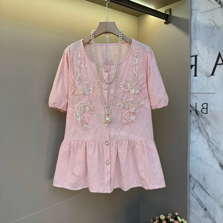 2025年夏季新款女装重工亮片刺绣工艺百搭蕾丝衬衫高级感显瘦上衣