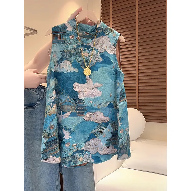 国风高级感无袖背心女2025夏季新款新中式刺绣提花宽松休闲小马甲