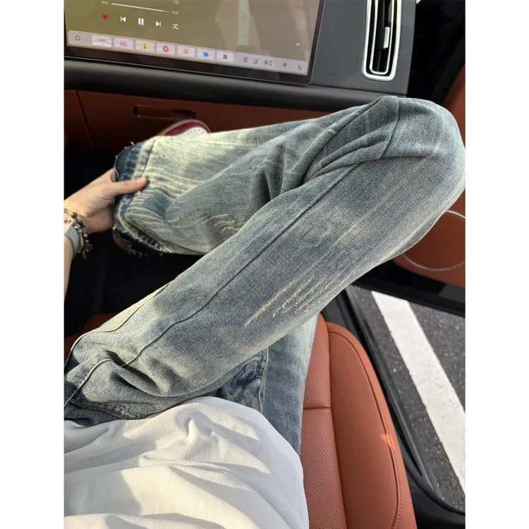 美式复古蓝猫爪痕水洗牛仔裤男款cleanfit显瘦裤子修身直筒微喇裤