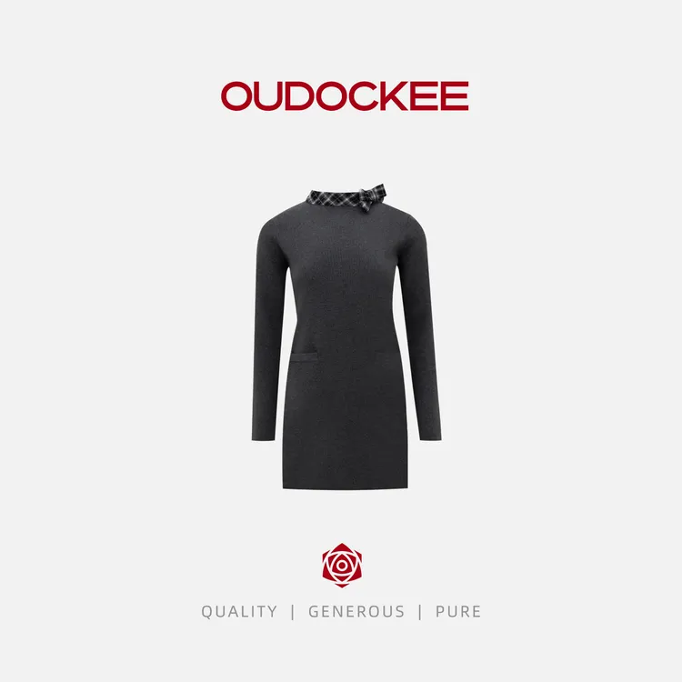 OUDOCKEE 鸥鸥【英格兰】格子拼接针织直筒显瘦毛衣裙 MACAB1032T