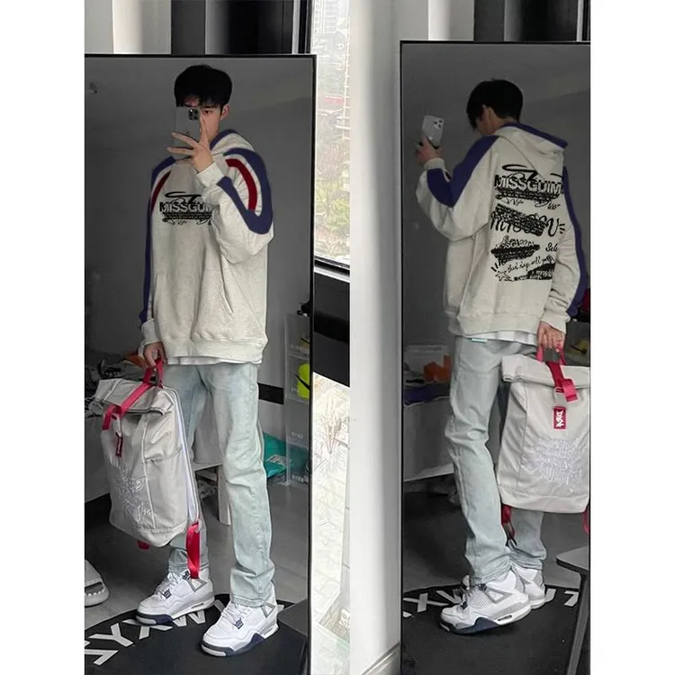 美式嘻哈潮牌个性印花连帽拼接卫衣男款秋季休闲宽松百搭外套上衣