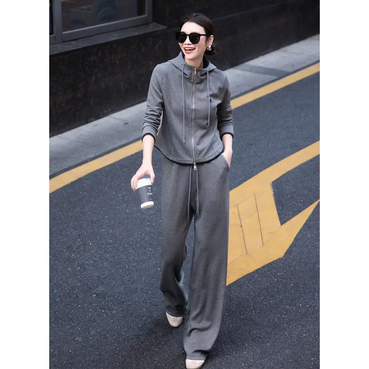 2025欧美风高级休闲时尚大气帽衫阔腿裤休闲运动通勤套装两件套秋