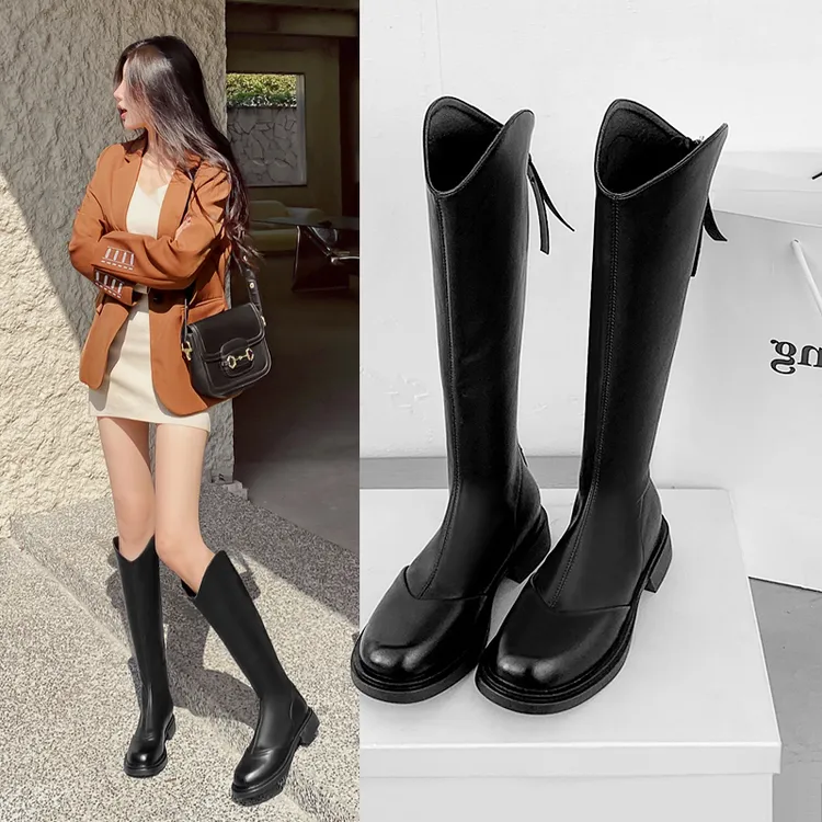 骑士靴女2025年秋冬爆款平底高个子长筒靴不过膝V口显瘦高筒靴子