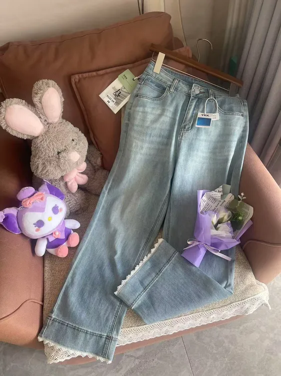 直筒裤高腰常规极简风夏季牛仔九分裤夏季直腿蕾丝花边