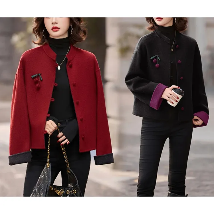 新 樱桃款圆下摆国风立领网红短款复古纯手工缝制双面羊毛外套