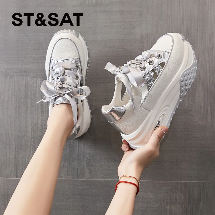 星期六真皮镂空休闲鞋女2025新款厚底增高板鞋时尚银色百搭运动鞋