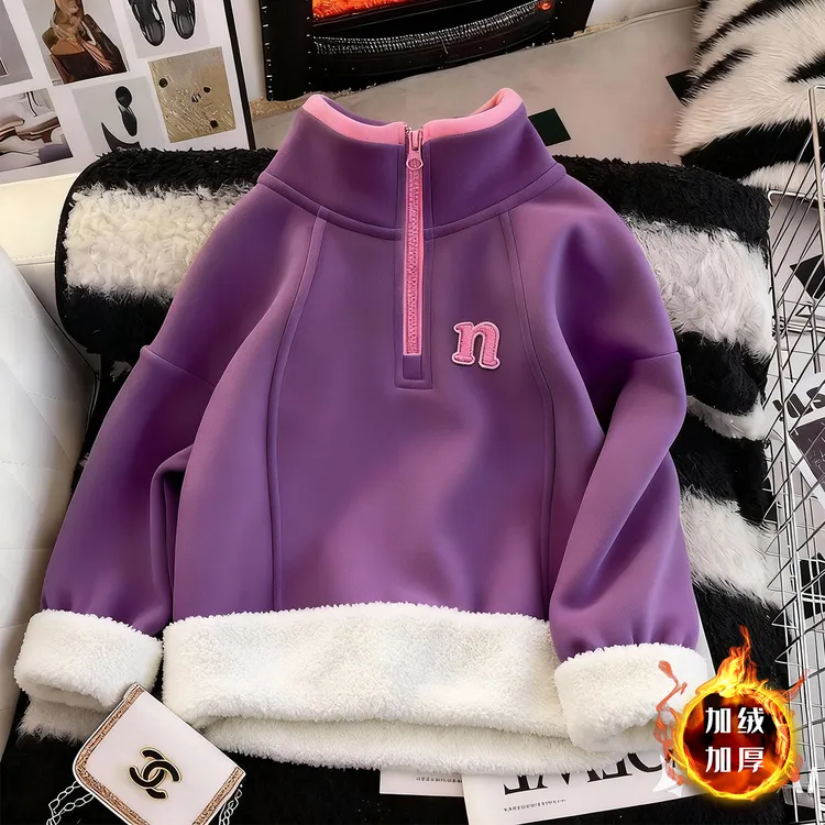 女童冬款加绒卫衣2025新款儿童冬季加厚刺绣上衣中大童女孩时髦潮