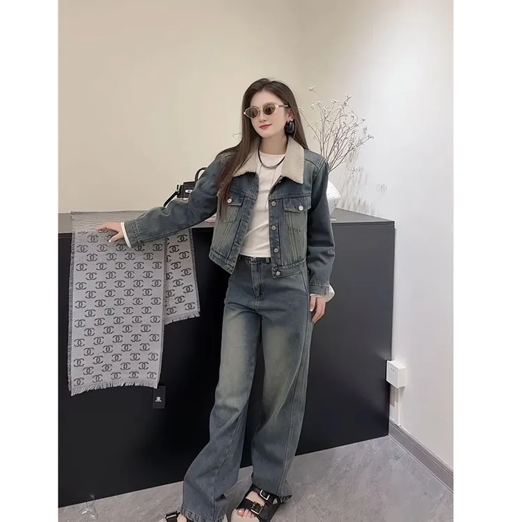 NINGXI-复古港风polo领拼接羔羔毛气质辣妹风外套阔腿裤牛仔套装