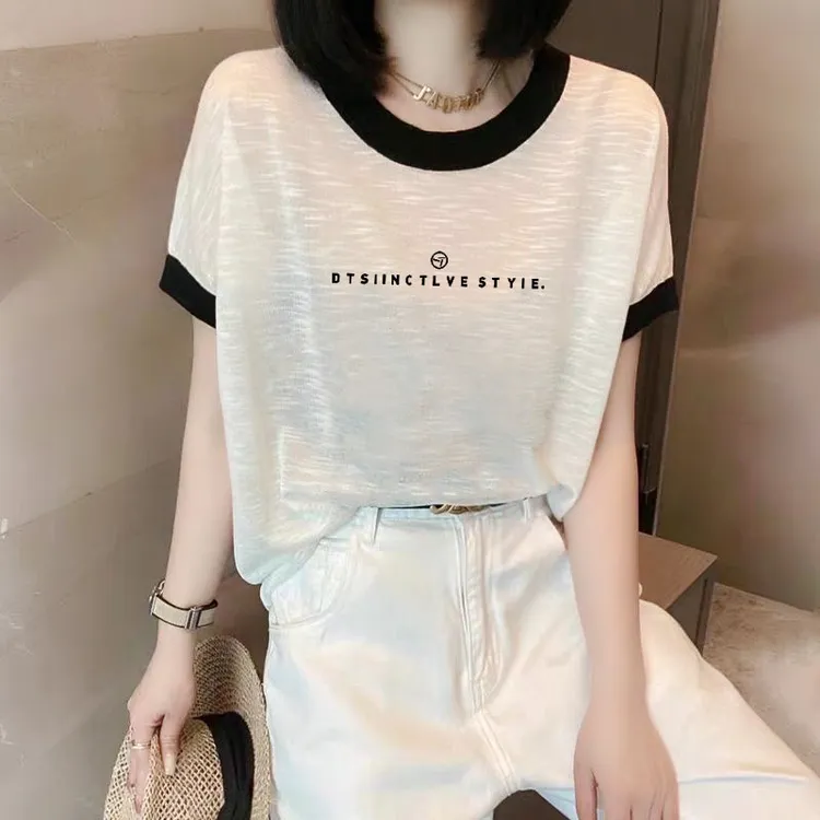 2025夏季新款撞色雪花棉拼接短袖圆领t恤女士洋气大码薄款上衣ins