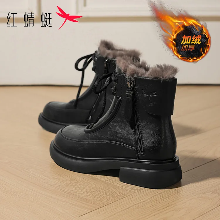 红蜻蜓加绒短靴女款2025年新款秋冬季棉鞋马丁靴子女鞋厚底雪地靴